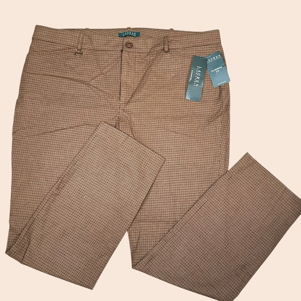 Lauren Ralph Lauren Houndstooth Brown Straight Casual Slimming Fit Pants 16 New